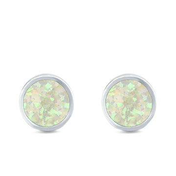 Bezel Round Stud Earrings Lab Created White Opal 925 Sterling Silver (10mm)